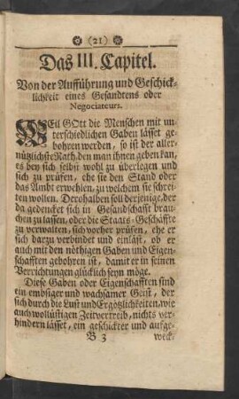 Das III. Capitel. Von der Aufführung und Geschicklichkeit eines Gesandtens oder Negociateurs
