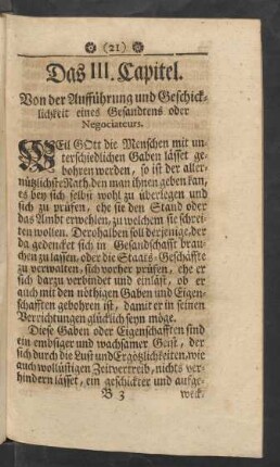 Das III. Capitel. Von der Aufführung und Geschicklichkeit eines Gesandtens oder Negociateurs