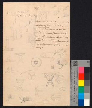 Briefbogen mit einem Briefbeginn von 1856 und diversen architektonischen Detailskizzen