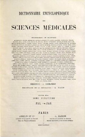 Dictionnaire encyclopédique des sciences médicales, 2,20. Pal - Par