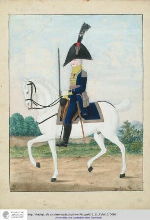 Abbildung Des Gros[s]herzoglich Hessischen Militair. [Tafel 15: Regiment Groß- und Erbprinz; Offizier zu Pferd, wahrscheinlich der Kommandeur des Regiments]. S.l.e.a. [ca. 1813/14]