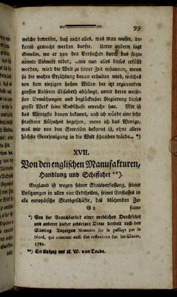 XVII. Von den englischen Manufakturen, Handlung und Schiffahrt.