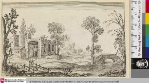 [Landschaft mit Fluss und Brücken]