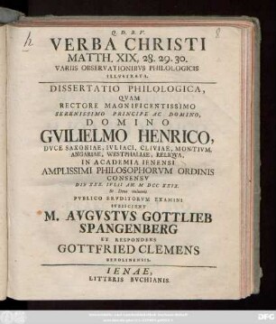 Verba Christi Matth. XIX, 28. 29. 30. Variis Observationibvs Philologicis Illvstrata : Dissertatio Phililogica