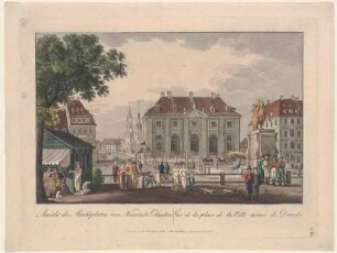 Dresden, der Neustädter Markt nach Süden, Blick von der Promenade in der Hauptstraße über den Platz mit dem Reiterstandbild August des Starken (Goldener Reiter) auf die Neustädter Wache (Blockhaus), die Augustusbrücke und die Altstadt