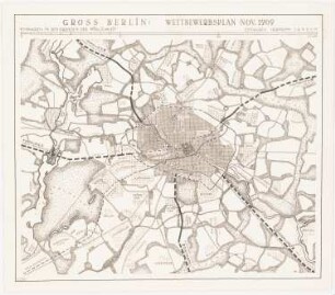 Wettbewerb Groß-Berlin 1910 Ausfallstraßen: Übersichtsplan mit Angabe der Ausfallstraßen, Maßstabsleiste (Foto von Inv.Nr. 20544)