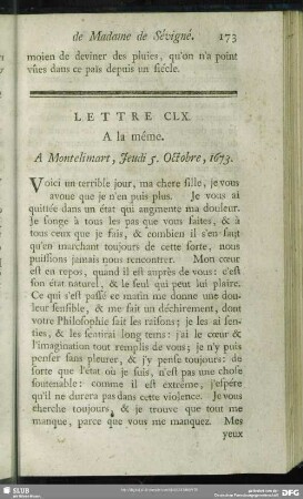 Lettre CLX. A la même. A Montelimart, Jeudi 5. Octobre, 1673