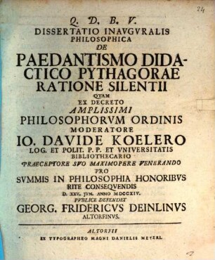 Diss. inaug. philos. de paedantismo didactico Pythagorae ratione silentii