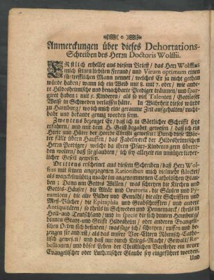 Anmerckungen über dieses Dehortations-Schreiben des Herrn Doctoris Wolffii.