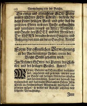 Form der offentlichen Vermahnung in der Vorbereitungs Vesper/ wenn der Beicht-Stuhl gehalten wird.