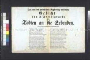 Maueranschlag: Die Toten an die Lebenden. Gedicht von Ferdinand Freiligrath; Wien, im September 1848