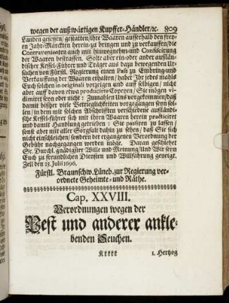 Cap. XXVIII. Verordnungen wegen der Pest und anderer anklebenden Seuchen.