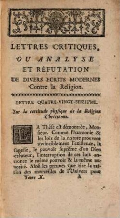 Lettres critiques ou analyse et réfutation de divers écrits modernes contre la religion, 10. Suite des principes de certitude [u.a.]