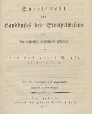 Supplement: Handbuch des Stempelwesens in den Königlich Preußischen Staaten