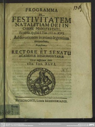 Programma in Festivitatem Natalitiam Dei in Carne Manifestati : Ex verbis Apostoli I. Tim. III. v. XYVI Ad devotionem in animis legentium excitandam