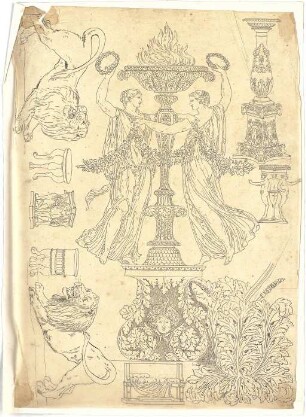 Röhrer, Karl; Dekor- und Ornamententwürfe - Löwen, Ständer, Dekorvasen, figürliche Tische; Möbel; Akanthus und Figurenstudien (Perspektive)
