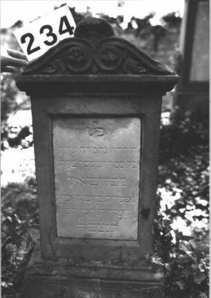 Grabstein 234 (Index: 100082185) Material: Sandstein, weiße Marmorplatte Zustand: beschädigt, verwittert mit Textverlust Maße HxBxT: 101x60x30 cm Beschreibung: Stele, profiliert. Sockel, Volutenaufsatz m. Mittelakroter, rechteck. Schriftplatte Symbolik: Voluten, Blüten, Ranken: Grabstein 234 (1)
