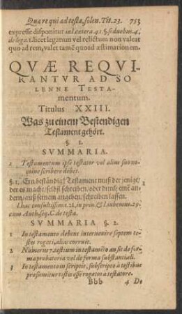 Quae Requirantur Ad Solenne Testamentum. Titulus XXIII. Was zu einem Bestendigen Testament gehört.