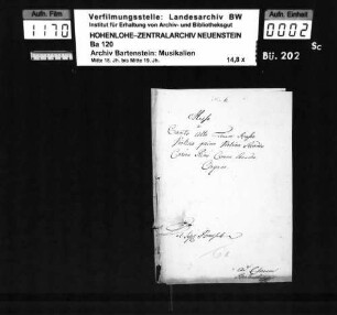 Eugen Pausch: Messa / a / Canto Alto Tenore Basso. / Violino primo Violino Secondo / Cornu Primo Cornu Secundo. / Organo. / Del Seg. Bausch; Ms.ca. 1790.