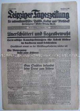 Lokalzeitung der NSDAP "Leipziger Tageszeitung" zu Massenveranstaltungen der NSDAP in Sachsen und zur Genfer Abrüstungskonferenz