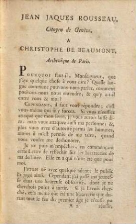 Jean Jaques Rousseau, Citoyen De Genève, À Christophe De Beaumont, Archevêque de Paris ...