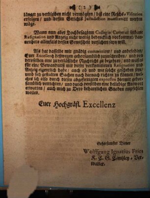 Copia An Herrn Præsidenten Graffen von Solms, von dem Cantzley-Verwalter Fries abgelassenen Schreibens : De dato Wetzlar den 26. Januarii 1703.