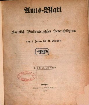 Amtsblatt des Württembergischen Steuerkollegiums. 1869
