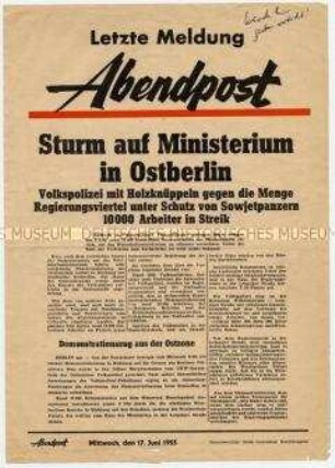 Sonderausgabe der Westberliner "Abendpost" zu den Ereignissen in Ostberlin am 17. Juni 1953