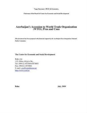 Azerbaijan's accession to World Trade Organization (WTO) : pros and cons