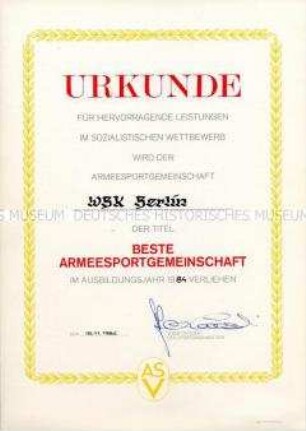 Urkunde zur Verleihung des Titels "Beste Armeesportgemeinschaft"