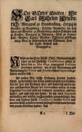 Hoch-Fürstl. Brandenburg-Onolzbachische Erneuerte und vermehrte Stipendiaten-Ordnung : Onolzbach, den 28. May 1737
