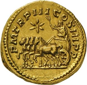 Aureus des Elagabal mit Darstellung des Kaisers in Quadriga