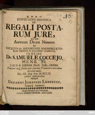 Disputatio Juridica, De Regali Postarum Jure