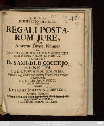 Disputatio Juridica, De Regali Postarum Jure