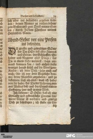 Abend-Gebet vor eine Person ins besondere.
