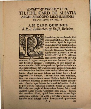 Ad Eminentiss. & Reverend. Dominum Dominum Thomam Philippum Cardinalem De Alsatia, Archi-Episcopum Mechliniensem, Belgique Primatem Epistola