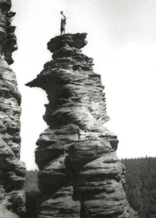 SSächsische Schweiz, Bielatal. Glasergrund. Waldwächter. Karlheinz Gonda bei einer freien Begehung des Alten Weges (IV). Blick vom Totenkopf