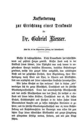 Aufforderung zur Errichtung eines Denkmals für Dr. Gabriel Riesser / Ludwig Philippson