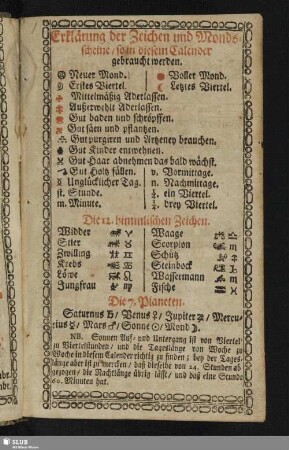 Erklärung der Zeichen und Mondsscheine in diesem Calender