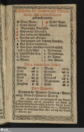 Erklärung der Zeichen und Mondsscheine in diesem Calender