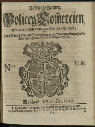 Nro. XLIII, Montags, den 23. Oct. 1747