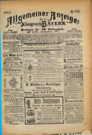 Allgemeiner Anzeiger für das Königreich Bayern : Beiblatt für 85 bayerische Zeitungen. 1884 = No. 179 - 188 = Jg. 13