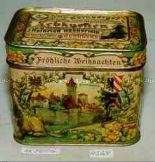 Blechdose für "Feinste Nürnberger Marzipan Lebkuchen Heinrich Haeberlein Nürnberg Fröhliche Weihnachten" (Abbildung der Kaiserstallung)