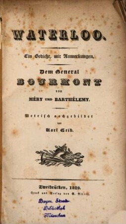 Waterloo : ein Gedicht, mit Anmerkungen