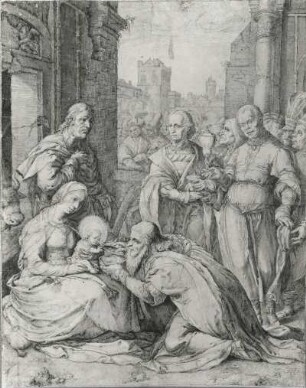 Anbetung der Könige : Goltzius, Hendrick: Anbetung der Könige. Zeichnung, Feder, laviert; 462 x 356 mm. Dresden: Kupferstich-Kabinett C 894