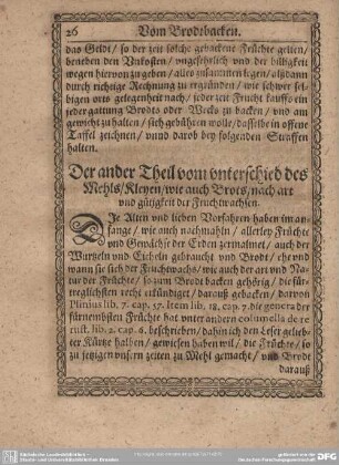 Der ander Theil vom unterschied des Mehls/Kleyen/wie auch Brots/nach art und gütigkeit der Fruchtwachsen.