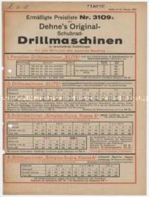 Ermäßigte Preisliste Nr. 3109 a über Schubraddrillmaschinen