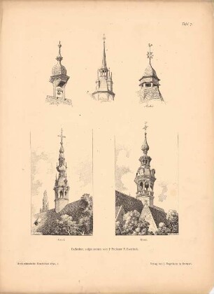 Dachreiter, Gent: Perspektivische Ansichten (aus: Architekt. Rundschau, hrsg.v. Eisenlohr & Weigle, 1890)