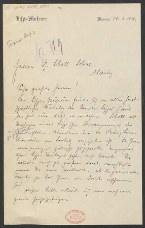 Brief an B. Schott's Söhne : 20.08.1912
