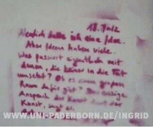 18. März | Neulich hatte ich eine Idee. Aber Ideen haben viele. Was passiert eigentlich mit denen, die keiner in die Tat umsetzt? Ob es einen großen Raum dafür gibt? Der einzige Anspruch der Kunst dient der Kunst, sagt er. Ach so, na dann | XXX